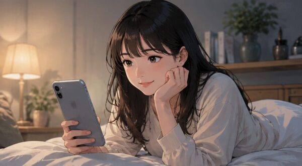 明るい部屋でパソコンを使い配信状況を調べる女性
