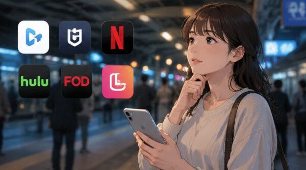 駅でスマホを持ち動画配信サービスを比較する女性