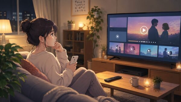 夜のリビングで日本ドラマの配信先を探す女性