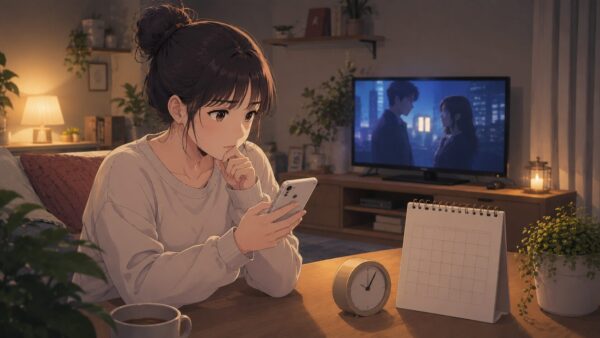 スマホで見逃し配信の期限を確認する女性