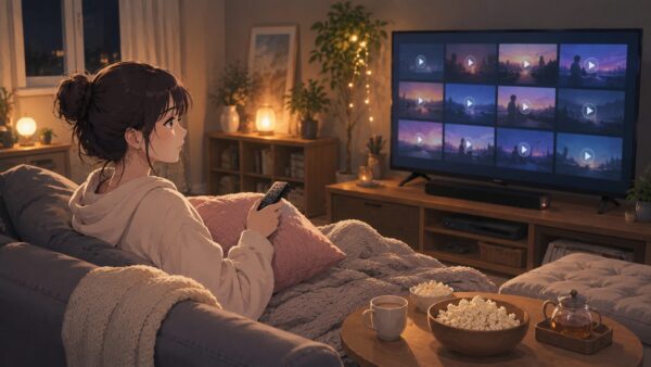 ソファでくつろぎながらドラマを一気見する女性