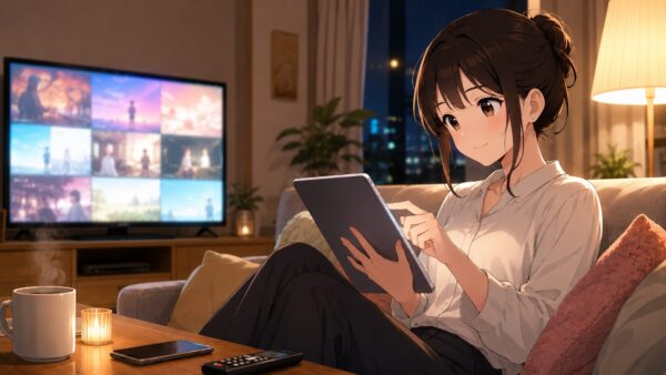 夜のリビングでタブレットを見ながらドラマ配信を探す日本人女性